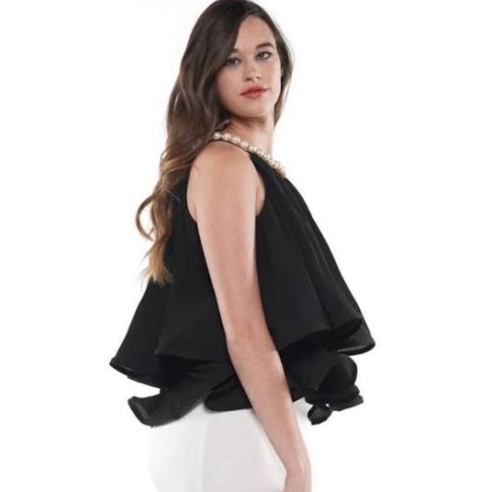 PLISSE pearl studded embroidered frill top